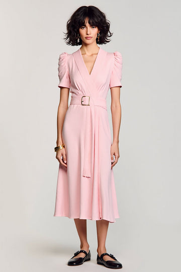 A Line Pink V Neck Long Work Dress With Belt